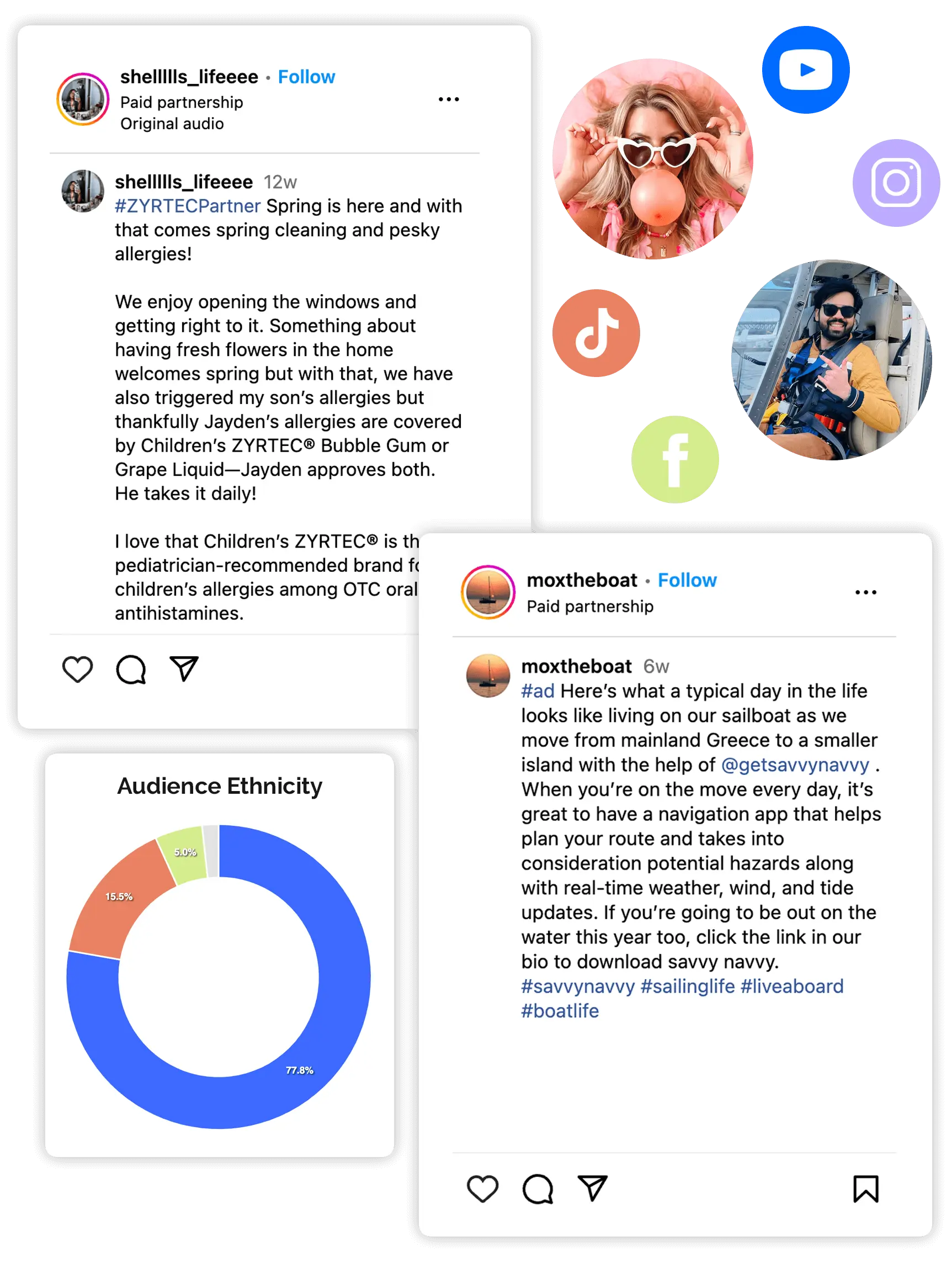 image highlighting instagram captions and showcasing a smaple pie chart of an influencer's audience ethnicity